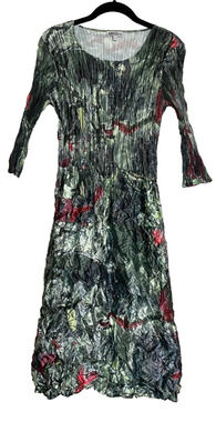 ALQUEMA Smash Pocket Dress Crinkled Handmade Lagenlook Green Print sz 0 2 4 6 S